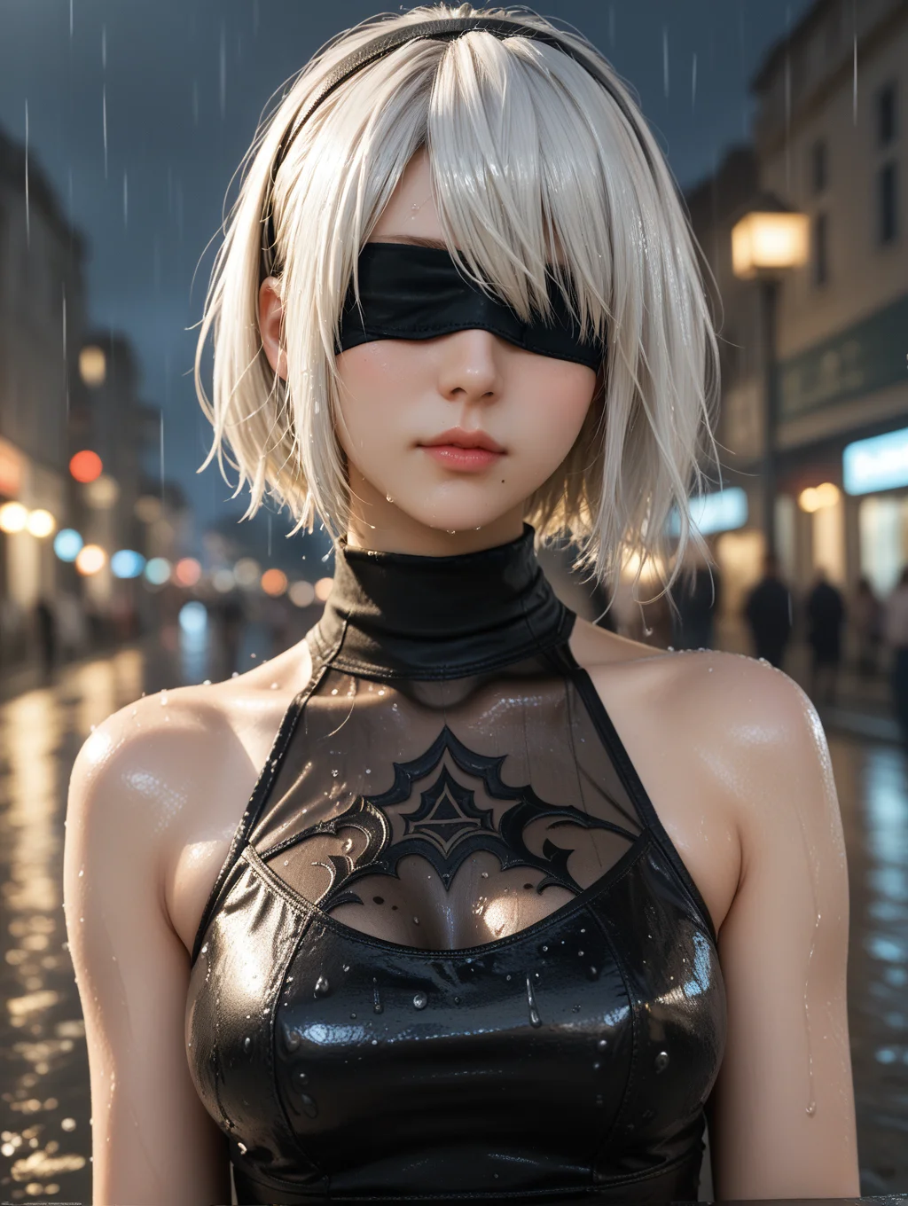 score_9, score_8_up, score_7_up,source_real,
BREAK
ultra HD quality details, sun, lens flare, background light, holy light, 1girl, 2b \(nier:automata\), solo, breasts, short hair, dress, bare shoulders, medium breasts, closed mouth, upper body, white hair, hairband, sleeveless, mole, blurry, black dress, lips, wet, depth of field, blurry background, turtleneck, black hairband, wet clothes, mole under mouth, facing viewer, rain, blindfold, wet hair, covered eyes, black blindfold, street, city, people,