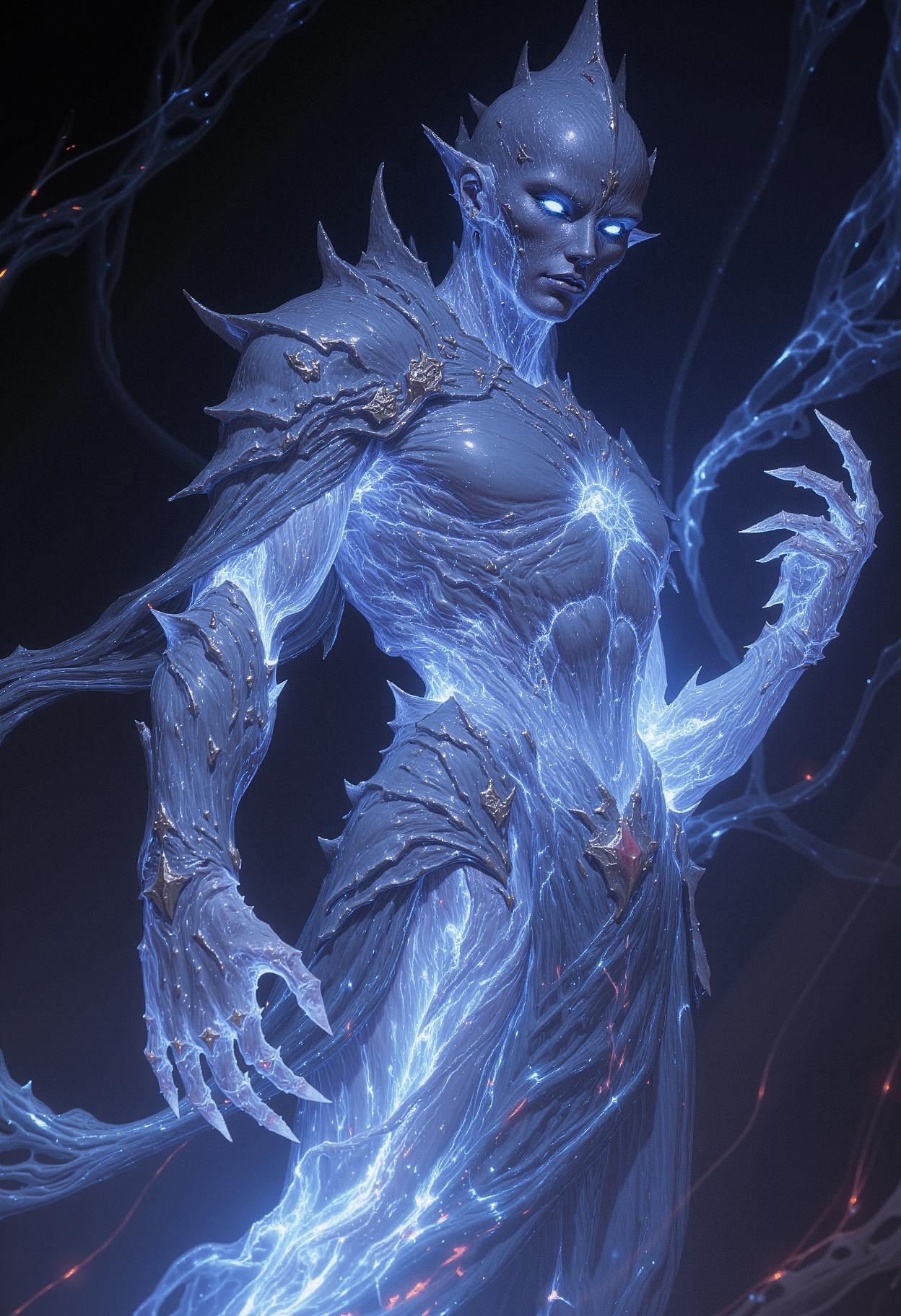 A close-up portrait of a glowing, crystalline humanoid figure with translucent skin and shimmering veins of light flowing beneath the surface. The figure's eyes are empty voids of light, and their body is adorned with thin, glass-like armor that refracts light into prismatic colors. The face is androgynous, with sharp, otherworldly features, and the hands are elongated, ending in delicate, claw-like fingers. The image captures the figure's upper body, with light bending and distorting around them as if they are standing in a dimensional rift. The background is a vortex of shifting light and shadow, creating a sense of tension and disorientation.   <lora:dark_fantasy_flux:0.83> <lora:FredFraiStyle-FLUX-Share:0.63> <lora:sxz-Dark-Fantasy-v2-Flux:0.33> drkfnts style, <lora:flux.1_lora_flyway_Epic-Characters_v1:0.43>