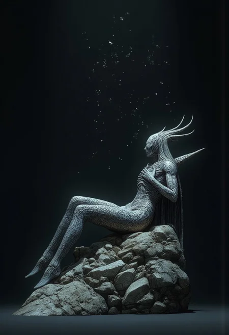 A blind oracle mermaid resting on crystal-encrusted rocks by the shore. Her scales shift colors with each prophecy she speaks, and ancient runes float in the water around her. Her white eyes reflect visions of possible futures
Set against a solid dark black color background to emphasize its unsettling unnatural form that emphasizes its silhouette. The medium is not a traditional painting or illustrative medium like watercolor or ink but rather a digital 3D rendering.
MikeFranchinastyle, d4artstyle, d4concept, , bbstyle,, horror theme,, zbrush, ZBClay model of a gray sculpture, 1990's, 1990's style