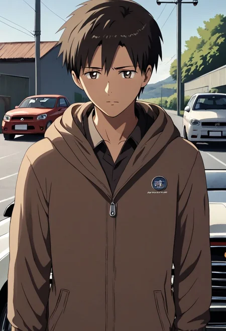 high resolution, solo, best quality, 1Boy, Takaki Toono, Brownish Hair, Brown Eyes, lounge suit, hoodie, car garage, OverallDetail