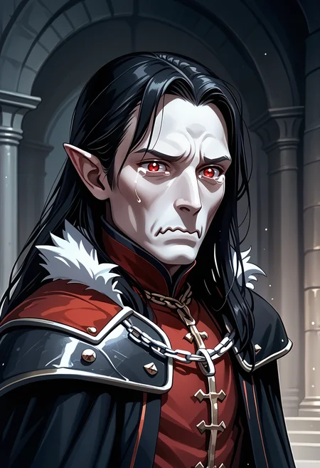 score_9, score_8_up, score_7_up BREAK 1boy, strahd, colored skin, pale skin, pointy ears, long hair, black hair, red eyes, high collar, black cape, cloak chain, red doublet, shoulder armor, fur trim, <lora:concept_aquacrying_ponyXL:0.8> aquacrying, wavy mouth, closed mouth, tearing up <lora:clamStrahdPDXL_v20:1>