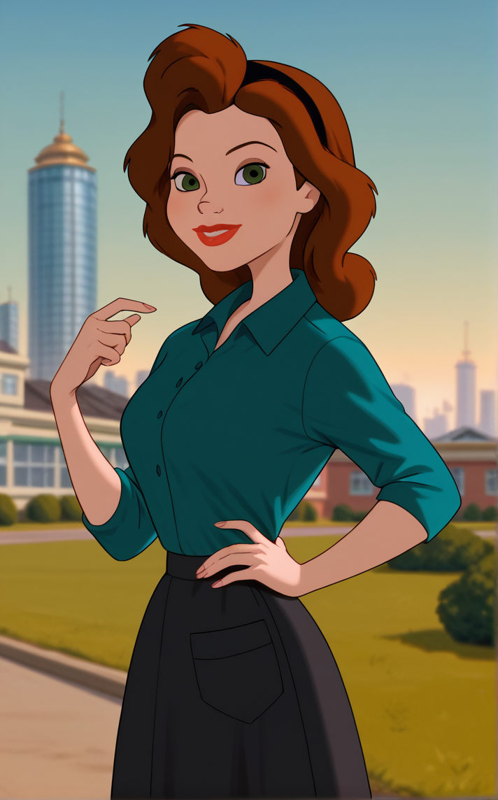 score_9, score_8_up, score_7_up, absurdres, contrapposto, hand on hip, sunset, sidelighting, cityscape, vanishing point, outdoors, depth of field, solo, looking at viewer, <lora:PONYXL_IronGiant_AnnieHughes_ownwaifu:1>, BREAK GreenShirt_AnnieHughes_ownwaifu, 1girl, aqua shirt, black hairband, black skirt, blue shirt, breasts, brown hair, collared dress, collared shirt, eyeshadow, green eyes, green shirt, lipstick, long hair, long skirt, makeup, medium breasts, nose, polo shirt, red lips, short sleeves, sleeves rolled up, <lora:add-detail-xl:0.15>,