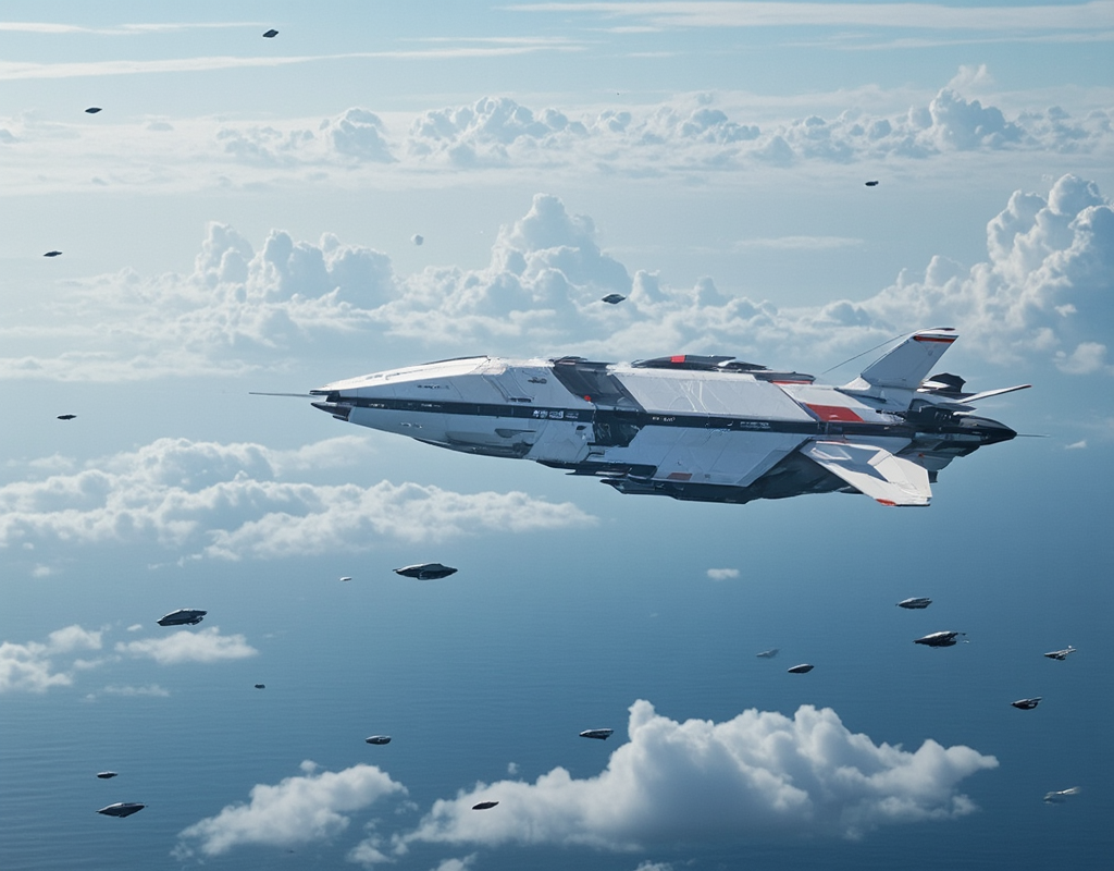 <lora:Space_Worlds_01__Poetic_fluxbeta4:1> sw01p_flux. photo. a huge desigh airship is flying over the sea and over the clouds. Around, there are tiny airships flying.