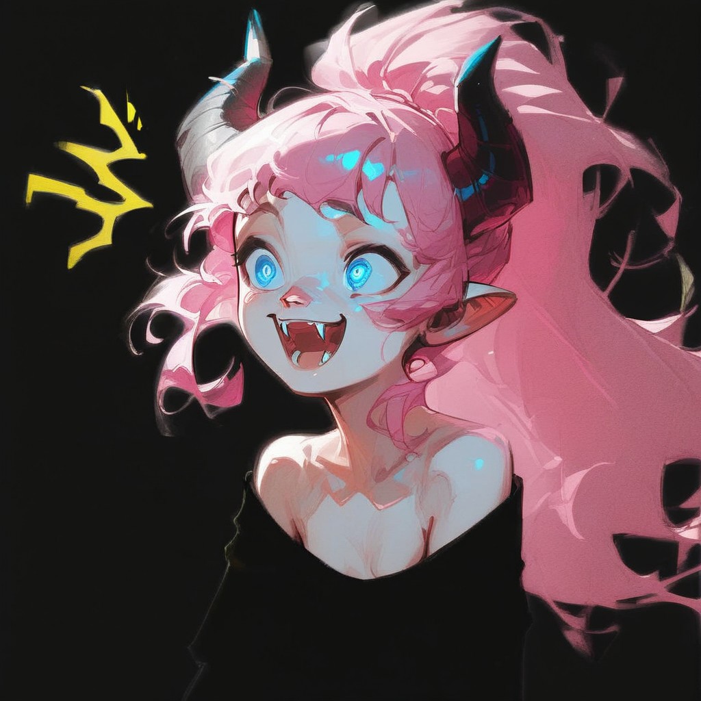 (Blend_in, black background), score_9, score_8_up, score_7_up, masterpiece, best quality, absurdres, vibrant, highly detailed, sketch, monochrome, greyscale, spot color, upper body, 1girl, Lynn Pink, blue eyes, pink hair, ponytail, tail, horns, pointy ears, fangs, (((adult))), small breasts, simple black shirt, long sleeves, off shoulder, no bra, happy, (^^, :D:1.5)