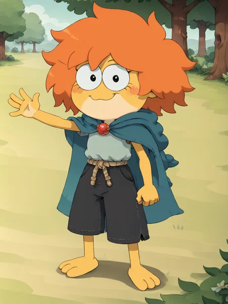 score_9, score_8_up, score_7_up,  score_6_up, BREAK, EpilIvy, 1girl, solo, closed mouth, smile, yellow skin, black eyes, orange hair, rope, blue cape, black shorts, barefoot, in the park, raise left hand, waving, looking at viewer  <lora:Epilogue_Ivy_Sundew:1>
