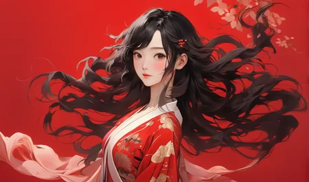 anima, pretty chinese woman, fullbody, pure red background, black hair, floating hair, blush, looking at viewer