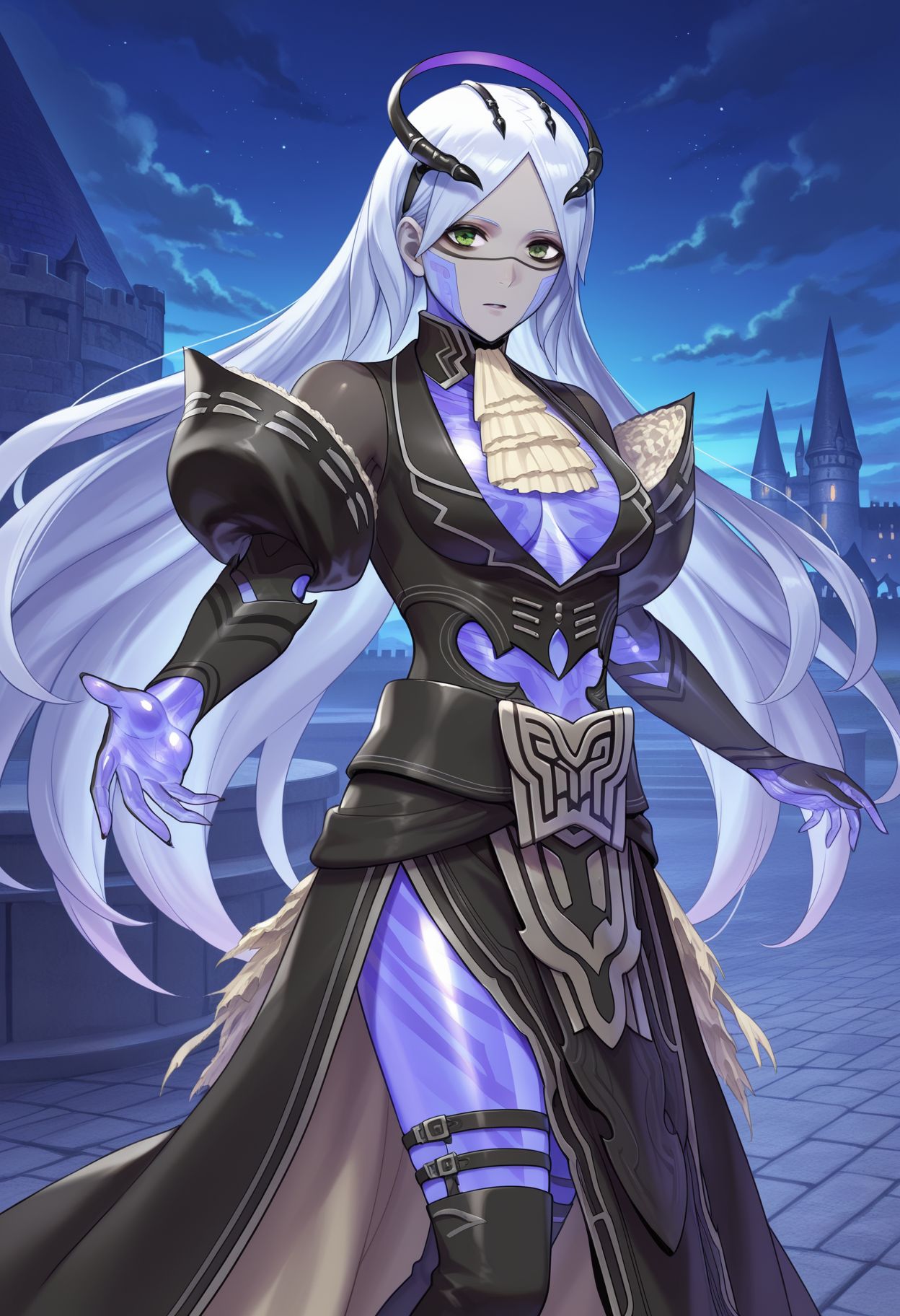 <lora:ganglot_(fire_emblem)_v1b_IL-45:1.0> ganglot_(fire_emblem), 1girl, long hair, white hair, green eyes, see-through body, colored skin, medium breasts, black dress, belt, tiara, ascot, see-through clothes, black thighboots, looking at viewer, outdoors, night, night sky, cloud, castle