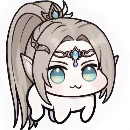 doro, creature, :3, chibi, no humans, four legs, solid circle eyes, no pupils, white skin, circlet, ponytail, hair ornament, <lora:Doro_X_PDXL_V1:1.0>, <lora:selenekr-ponyxl-beta4-08:0.9>, selenekr, white background, simple background,