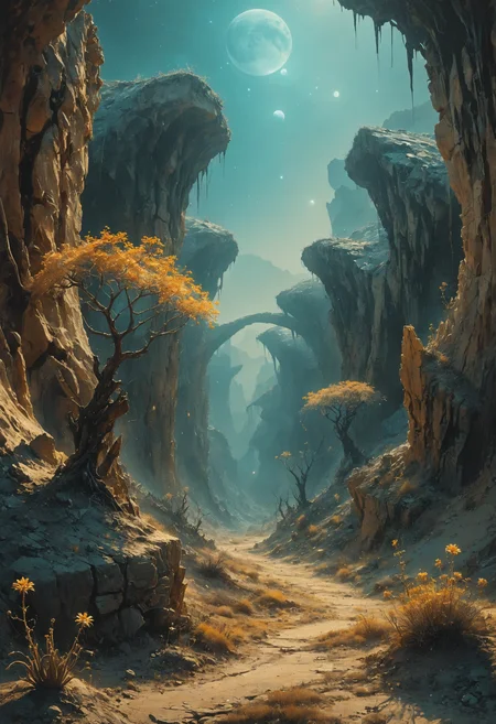 alien landscape, Crystalline forests resonating with harmonic vibrations, Rustic canyon winding through arid landscape , alien flora, dynamic lighting, <lora:Dreamyvibes artstyle SDXL - Trigger with dreamyvibes artstyle:0.7> Dreamyvibes Artstyle, <lora:MJ52:0.4>, <lora:The_Dark_Side_of_the_Earth:0.8>