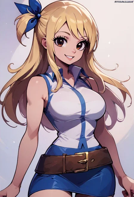 high resolution, score_9, score_8_up, score_8, medium breasts, cute, eyelashes ,
aaLucy, lucy heartfilia, hair ribbon, blonde hair, long hair, large breasts, white shirt, sleeveless, belt, blue skirt,
smile, solo, looking at viewer, cowboy shot