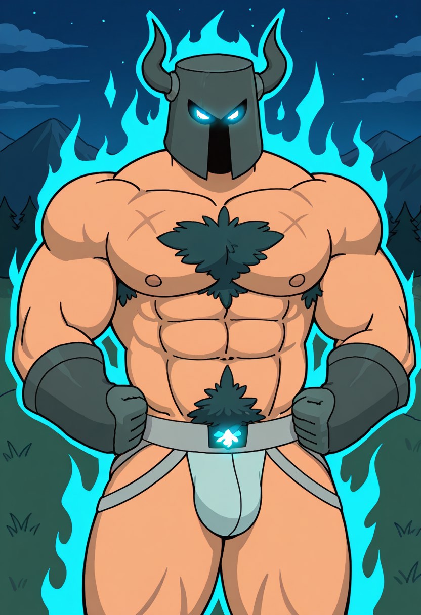 detailed background, detailed background, masterpiece, perfect quality, best quality, detailed, newest, very aesthetic, DarkKnightRMA, bara, solo, helmet, pectorals, abs, muscular, chest hair, looking at viewer, topless male, jockstrap, 1boy, male focus, mountains background, night, glowing blue eyes, looking at viewer, blue aura, feldgrau gloves