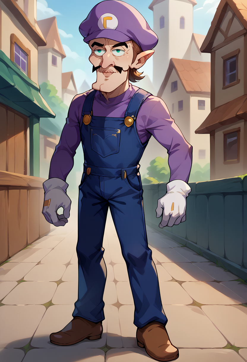 score_9, score_8_up, source_anime, 1boy, solo, Waluigi, mustache, teeth, pointy ears, brown hair, hat, purple headwear, purple shirt, long sleeves, overalls, white gloves, brown shoes, handsomize, <lora:ChamWaluigiPonyXL:1>, <lora:handsomize_x_pdxl_v1:1.2>
