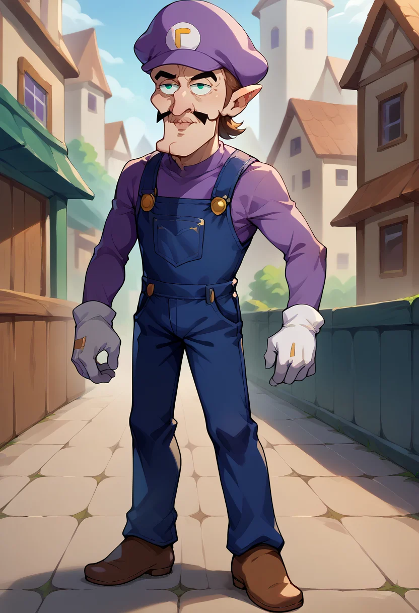 score_9, score_8_up, source_anime, 1boy, solo, Waluigi, mustache, teeth, pointy ears, brown hair, hat, purple headwear, purple shirt, long sleeves, overalls, white gloves, brown shoes, handsomize, <lora:ChamWaluigiPonyXL:1>, <lora:handsomize_x_pdxl_v1:1.2>