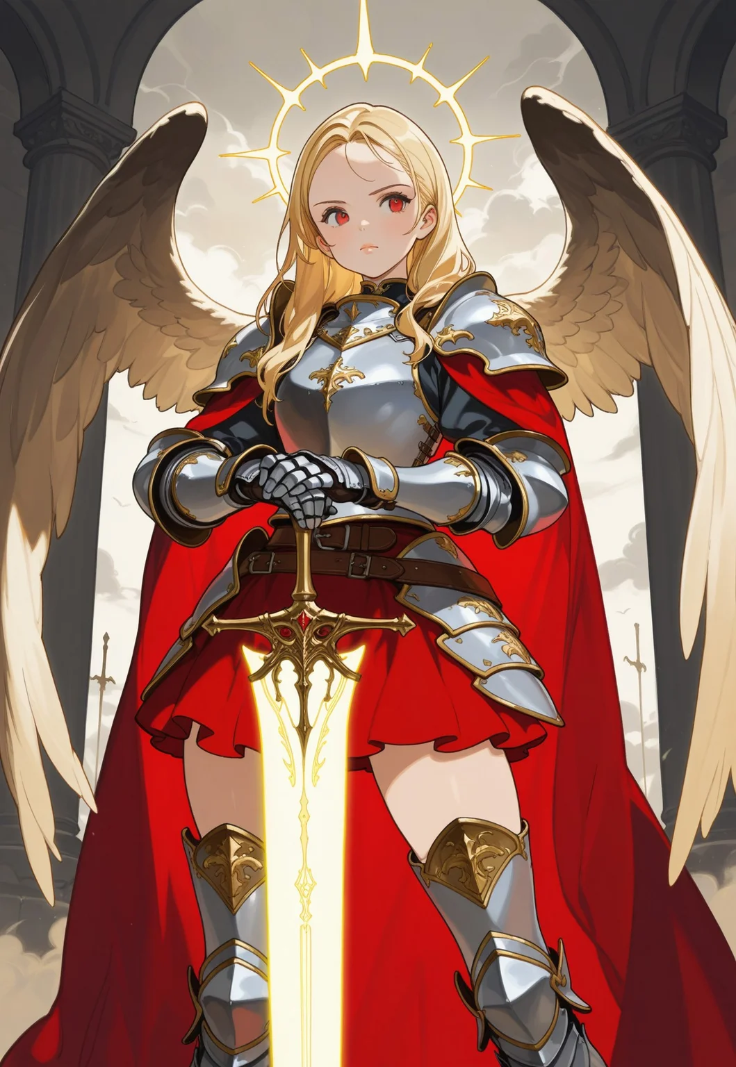 masterpiece, best quality, very aesthetic, absurdres,  
cowboy shot, solo, 1girl, edana \(fantasica\), wings of condemnation, 
red eyes, blonde hair, long hair, parted hair, hair over shoulder, lips, angel wings, 
full armor, ornate armor, red cape, pauldrons, breastplate, cuirass, rerebrace, couter, gauntlets, brown belt, faulds, red skirt, miniskirt, greaves, poleyn, sabaton, armored boots, thigh boots, 
planted sword, glowing sword, hands on hilt, 
looking at viewer, sideways glance, standing, legs apart, closed mouth, serious, 
judgment hall suspended in the sky, storm clouds gathering above, golden celestial light piercing down, obsidian pillars and glowing gates behind her, 
oyarcf