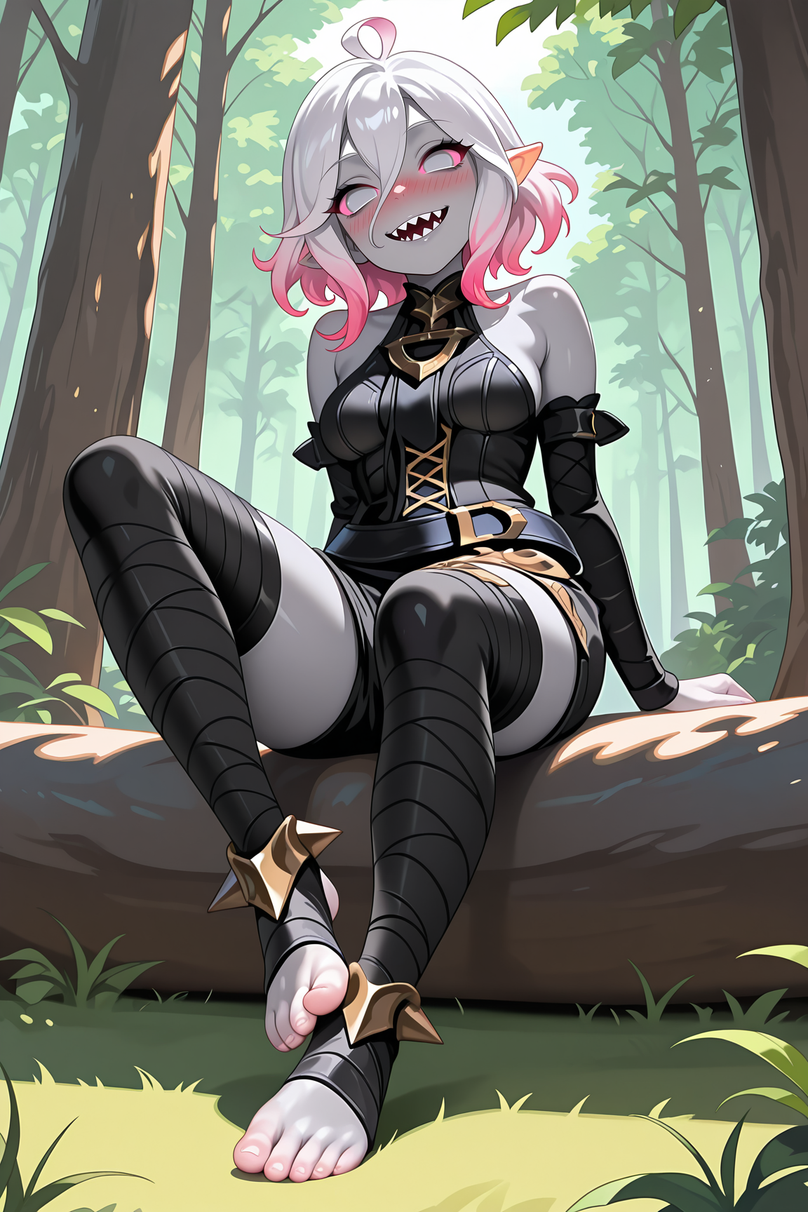 masterpiece,best quality,amazing quality, BriarLoLILXL, grey skin, colored skin, no pupils, grey eyes, pink sclera, white hair, pink hair, two-tone hair, gradient hair, short hair, hair between eyes, ahoge, pointy ears, sharp teeth, medium breasts, bare shoulders, black thight dress, detached sleeves, black bandaged sleeves, black shorts, belt, (black bandaged legwear), toeless legwear, solo, full body, sitting, ((bellow view)), seductive smile, looking at viewer, naughty face, nose blush, forest, tree   <lora:BriarLoLILXL:1>