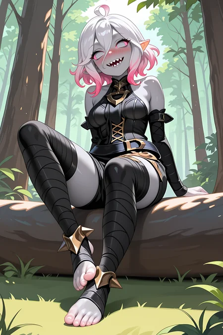 masterpiece,best quality,amazing quality, BriarLoLILXL, grey skin, colored skin, no pupils, grey eyes, pink sclera, white hair, pink hair, two-tone hair, gradient hair, short hair, hair between eyes, ahoge, pointy ears, sharp teeth, medium breasts, bare shoulders, black thight dress, detached sleeves, black bandaged sleeves, black shorts, belt, (black bandaged legwear), toeless legwear, solo, full body, sitting, ((bellow view)), seductive smile, looking at viewer, naughty face, nose blush, forest, tree   <lora:BriarLoLILXL:1>