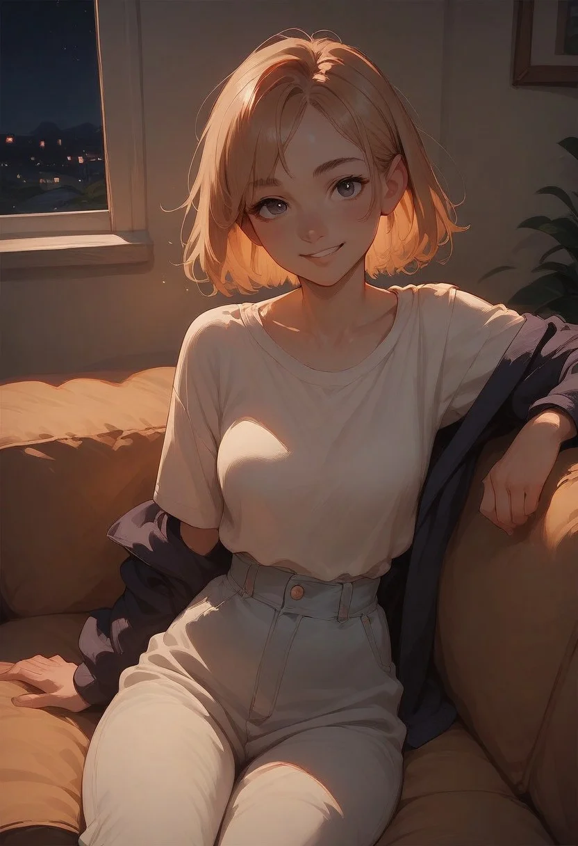 score_9, score_8_up, score_7_up, score_6_up, score_5_up, score_4_up, source_anime, 1girl, solo, sitting on couch, looking at viewer, smile, cowboy_shot, indoors, night, dark, side light, zPDXL3