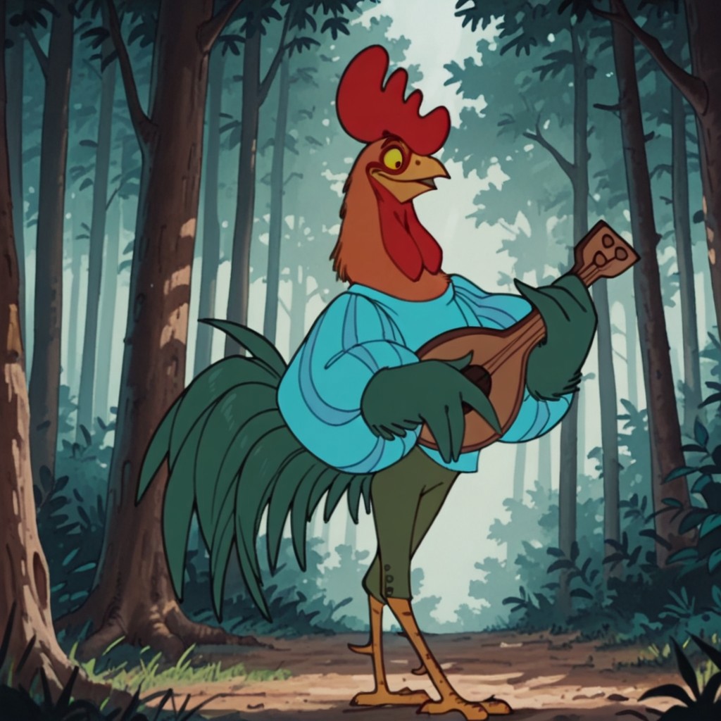((masterpiece, best quality, amazing quality,)) Alan-A-DaleRHil, semi-anthro, male, rooster, red comb, bird, green feathers, orange neck feathers, yellow sclera, black eyes, winged arms, blue striped shirt, puffy sleeves, green pants, green tail, standing in a forest, holding lute