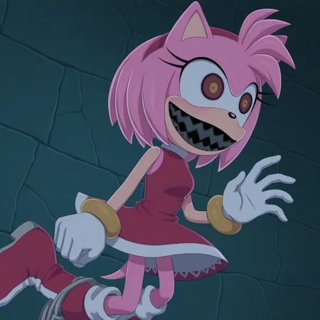 1 girl, solo, <lora:Possessed_Amy_ILL-10:1>, possessed amy, pink fur, red headband red eyes, yellow pupils, sharp diands, black teeth, big smile, creepy smile, red dress with white, red boots with white, animal tail, animal ears, animal nose, white gloves, gold bracelets, eyelashes, open eyes,