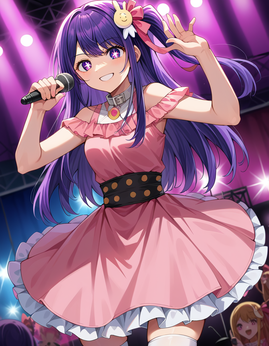 score_9, score_8_up, score_7_up, source_anime,
aihoshino, <lora:ai-hoshino-ponyxl-lora-nochekaiser:1>,
ai hoshino, long hair, bangs, purple eyes, purple hair, symbol-shaped pupils, smile,
one side up, hair ornament, hair ribbon, skirt, thighhighs, white thighhighs, zettai ryouiki, idol, dress, pink dress, sleeveless, pink skirt, frilled skirt, bare shoulders, collar, white collar,
indoors, stage, stage lights, concert, glowstick, idol, holding microphone, microphone, audience, singing, music,
looking at viewer, cowboy shot, dutch angle, dynamic pose,