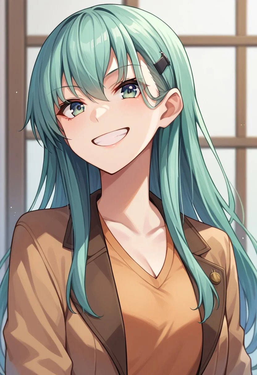 score_9, score_8_up, score_7_up, source_anime, suzuya (kancolle), hairclip, upper body, open jacket, standing, blouse, indoors, brown cardigan, grin, open cardigan, swimsuit