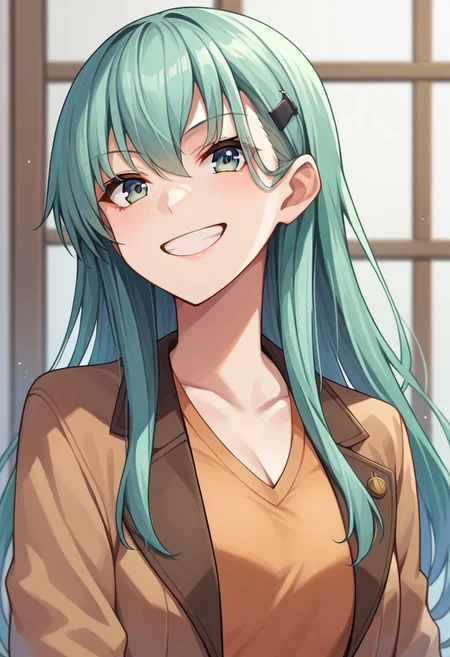 score_9, score_8_up, score_7_up, source_anime, suzuya (kancolle), hairclip, upper body, open jacket, standing, blouse, indoors, brown cardigan, grin, open cardigan, swimsuit