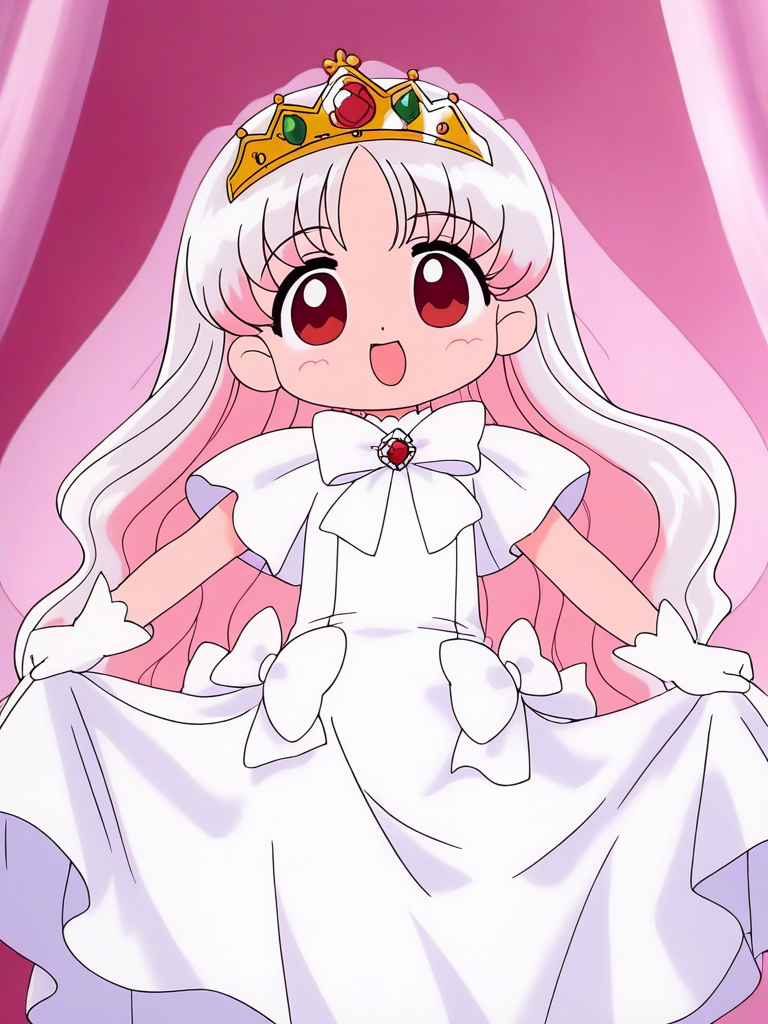 general,highres, ultra-detailed,very aesthetic,best quality ,best hands, BREAK <lora:Princess_Silver_Crayon_Oukoku_Ver2.0_IS:1>
Silver_Oujo(Crayon_Oukoku), 1girl, solo, long hair, white hair, pink hair, red eyes,
white dress, smile, gloves, long hair, 1girl, red eyes, open mouth, white gloves, 
gold crown, bow, :d, white bow, skirt hold, looking at viewer, tiara,