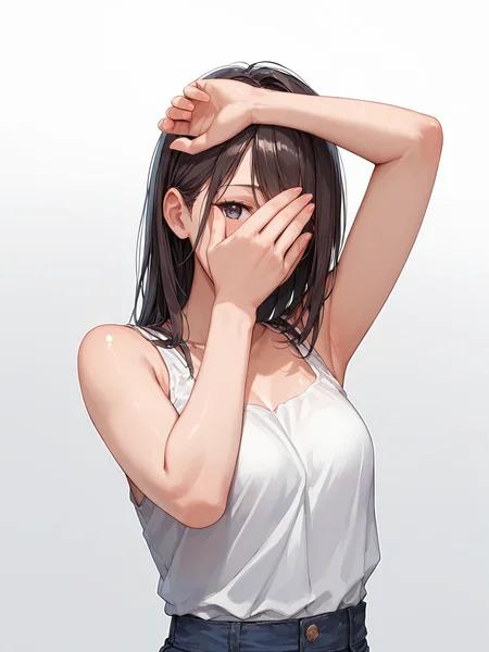 score_9, score_8_up, score_7_up,source_anime, high res image,masterpiece,best quality,girl,cute face,clear skin,shiny hair,,simple background, <lora:face concealment_pony_V1.0:0.8> covering face, face concealment,arm up