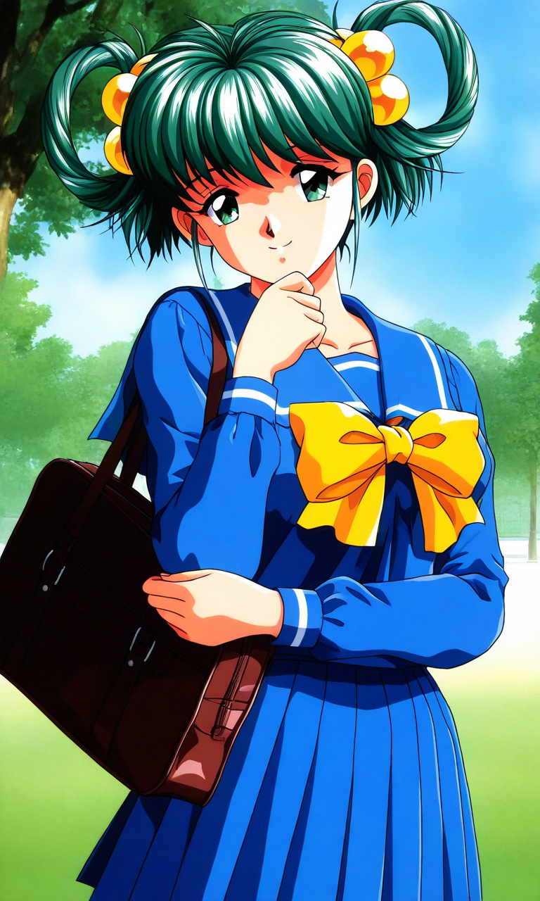 general,highres, ultra-detailed,very aesthetic,best quality ,best hands, BREAK <lora:Tatebayashi_Miharu_Tokimeki_Memorial_IS:1>
Tatebayashi_Miharu(Tokimeki_Memorial), 1girl, solo, hair rings, hair ornament, Yellow bobbles, green hair, bangs, short hair, green eyes, medium breasts, 
school uniform, blue serafuku, blue skirt, Yellow bow, sailor collar, blue sailor collar, smile, long sleeves, pleated skirt, hand on own chin, outdoor, tree, sky,
School bag, hold,
