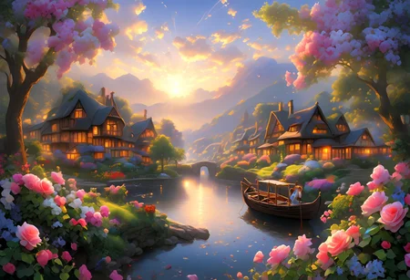 (a high quality, romantic photo of "Lovers’ Landscapes: Weave the beauty of nature with the essence of romance, crafting scenes where every sunset and blossoming garden tells a love story", featuring a captivating background that exudes love and serenity. The landscapes should be lush, vibrant, and brimming with romantic elements. The essence of love should be palpable, evoking warm feelings and tender emotions. Include hearths that symbolize the flame of passion, roses that signify love and admiration, and love flowers that represent affection and tenderness. The overall composition should be a perfect blend of nature's beauty and the magic of romance, immersing the viewer in a world where love blooms like the most exquisite flowers.), (((masterpiece, extremely detailed, focused flash photo, amazing quality, best quality, hyper detailed, ultra detailed , HDR, UHD,, dof, hyper-realism, majestic, awesome, inspiring, ray light, RAW photo, extremely details, stunning, high quality, photorealistic , beautiful, dramatic lighting, detailed atmosphere, intricately details, volumetric lighting, high resolution, 8k, ultra high definition, super sharp focus, great detail of textures))), 3DMM,
