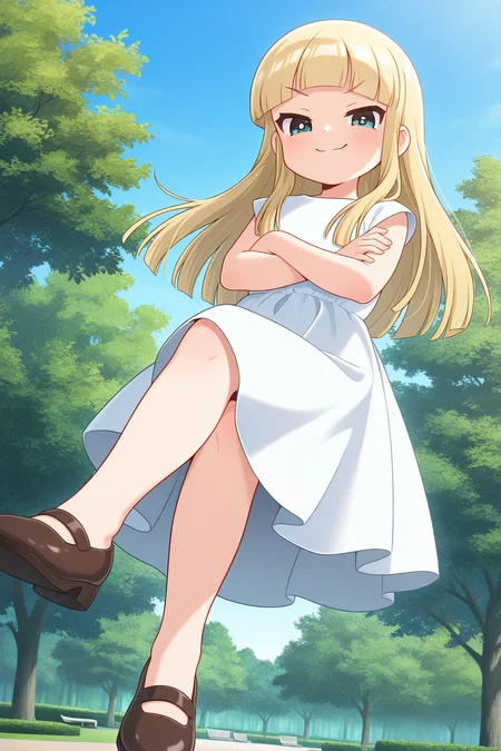 masterpiece, best quality, amazing quality, absurdres, solo, miyoakino, smile, smug, crossed arms, crossed legs, floating, flying, looking at viewer, looking down, blonde hair, white dress, outdoors, park, trees, blue sky