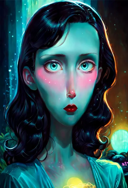narrative film noir portrait of a {18yo mysterious young girl, black hair, oval face, intense eyes}, Night ambient, psychic powers, teal and triadic colors By (Troy Brooks:1.36), masterpice, trending on artstation, best quality, 4k textures, ultra detailed
