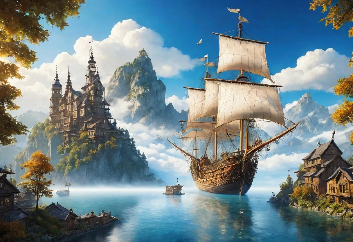 a magical (flying) sailboat, high hull, wood, steel, 3 masts, bright blue sky, mountains above the clouds, city, birds flying, stunning, epic, magnificent, sun rays, organic tracery, above the clouds, in the distance.