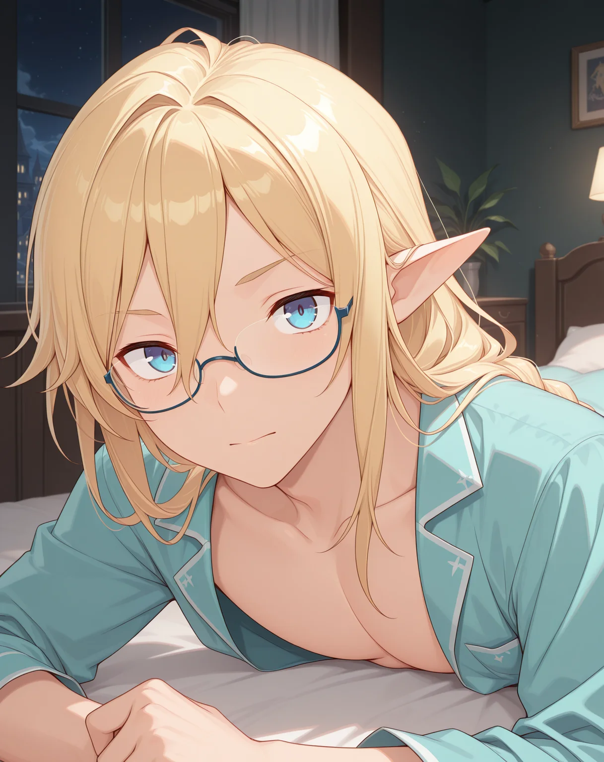 masterpiece,best quality,amazing quality, newest, very aesthetic, absurdres,
1boy, solo, yaoi, male focus, looking at viewer, full body, face focus, lying, on bed,
 <lora:Grandiel_Limit_Break_ilxl:1> lbgrandiel, blue eyes, blonde hair, pointy ears,hair between eyes, glasses, semi-rimless eyewear,elf,
pajamas, open clothes,
indoors, night, dark room, bedroom,