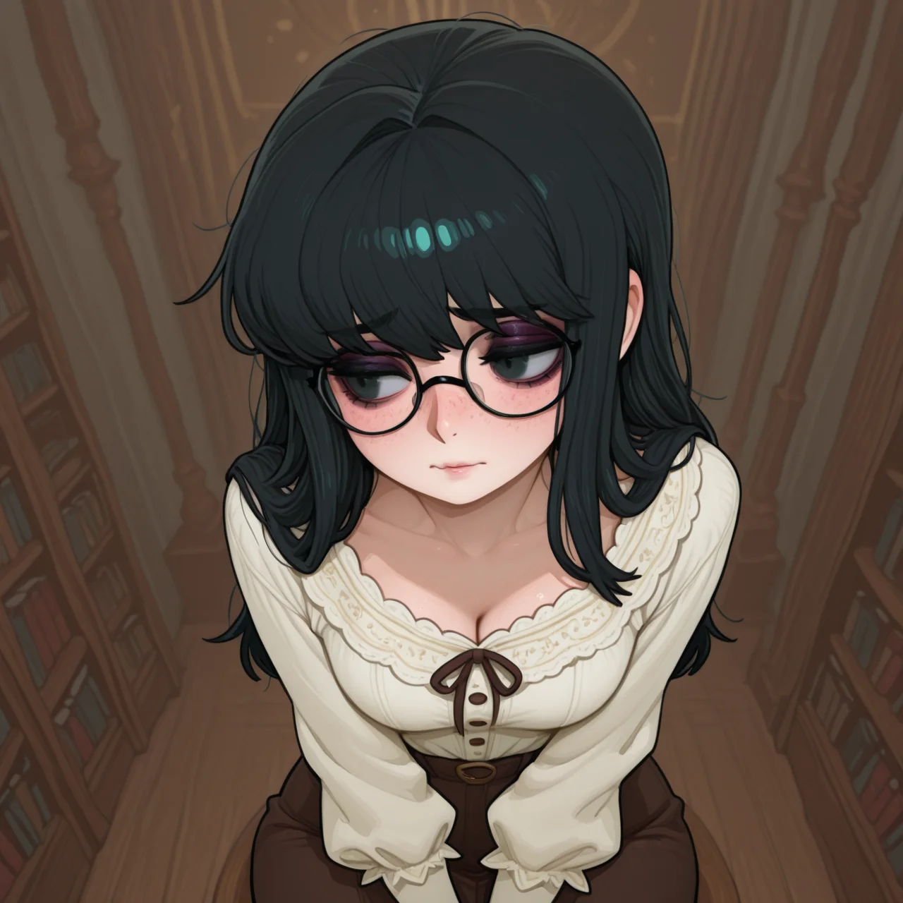 1girl, black hair, long hair, makeup, freckles,
shy librarian, conservative blouse and skirt, glasses perched on her nose, timid expression in a quiet library setting, front view 
<lora:DarkfireStyle12:1.4>