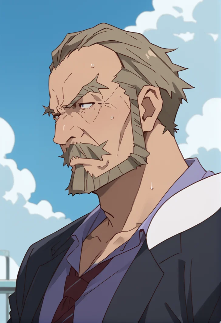 ,score_9, score_8_up, score_7_up, score_6_up,, heavy breath. sweat,, blue sky background,, <lora:Bara-Variety:1> <lora:Expressive_H:1>,, 1boy, beard, blue eyes, collared shirt, facial hair, looking up, male focus, manly, mustache, necktie, shirt, short sleeves, solo, thick eyebrows <lora:Eddie_Cassano:1> <lora:hand 4:1>