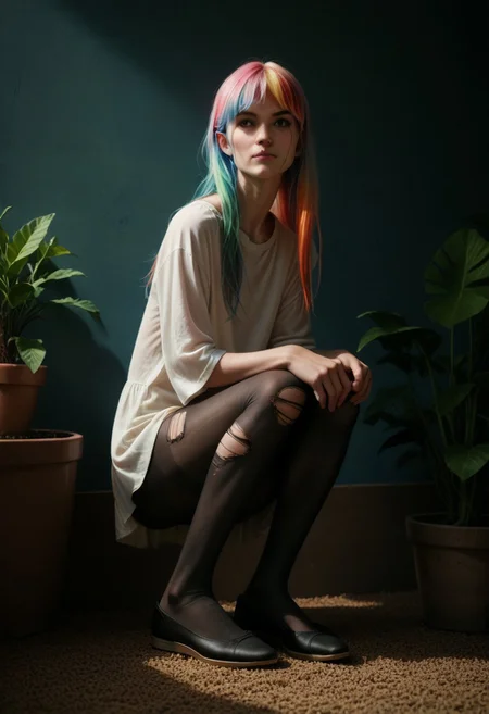 score_9, score_8_up, score_7_up, score_6_up, source_anime, masterpiece, newest,
Highly detailed, 1girl, slender, innocent, sitting, arms at sides, long hair, opaque pantyhose, no shoes, colorful hair, multicolored hair, casual clothes, realistic, long legs, potted plants, ripped pantyhose