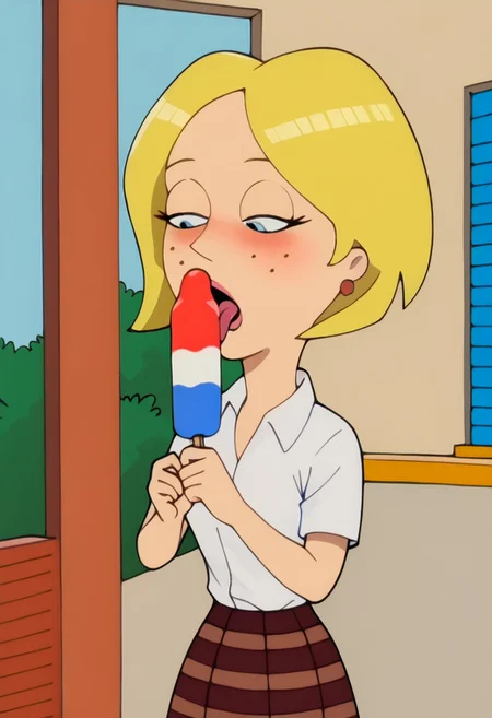 Score_9_up, score_8_up, score_7_up, Expressiveh, solo, 1girl, lcad, blonde hair, freckles, earrings, collared shirt, plaid skirt, holding popsicle, red white and blue popsicle, sucking popsicle, drooling, blushing, outside,