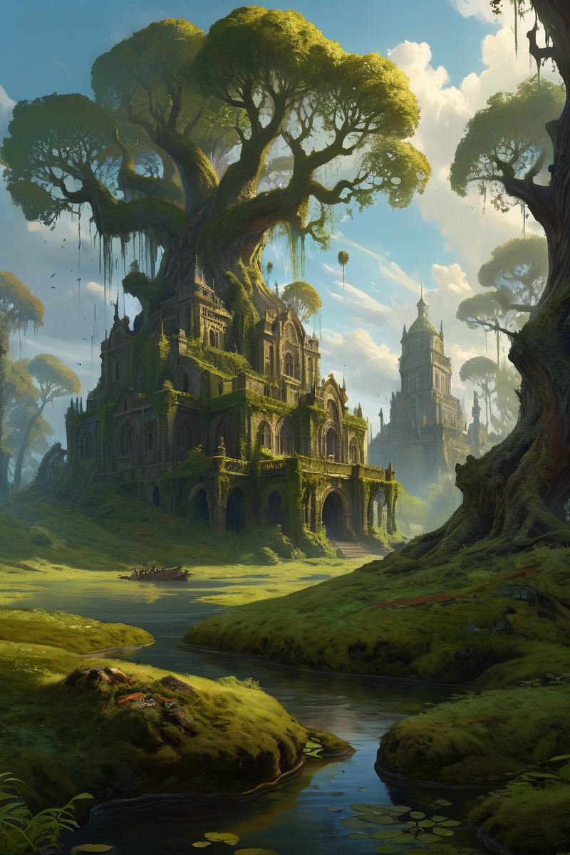 old-growth forest featuring century-old oaks, swamp-claimed citadel remains where flooded throne rooms shelter electric eel courts, their algae-covered walls vibrating with peat-preserved war cries, cinematic view, epic sky, detailed, concept art, low angle, high detail, warm lighting, volumetric, godrays, vivid, beautiful, trending on artstation, by jordan grimmer, huge scene, grass, art greg rutkowski,
 <lora:detailed_notrigger:0.7>, <lora:add-detail-xl:0.3>, oil painting art style from Renaissance period, masterful composition, Renaissance mood, renaissance oil painting, brush strokes, Baroque art style, dynamic composition, dramatic lighting, rich colors, intricate details, professional-grade execution, captures the grandeur and theatricality of the Baroque period