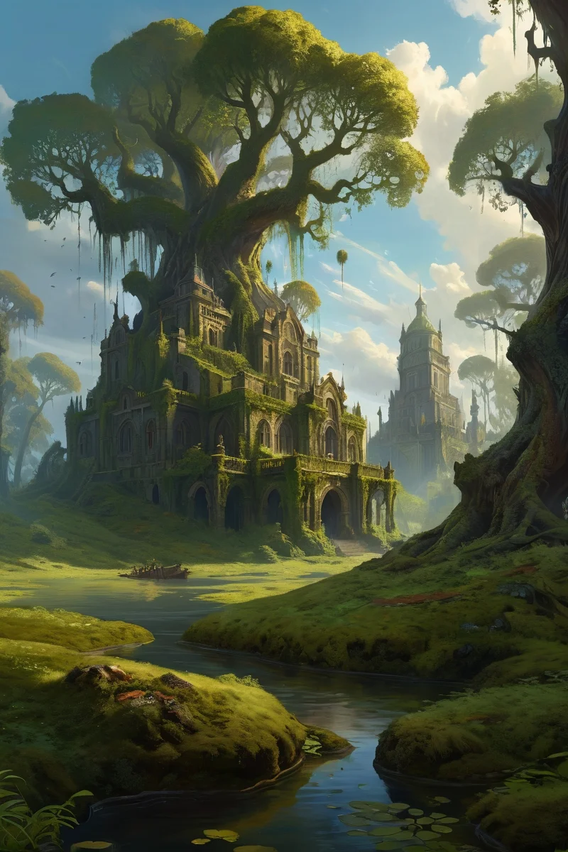 old-growth forest featuring century-old oaks, swamp-claimed citadel remains where flooded throne rooms shelter electric eel courts, their algae-covered walls vibrating with peat-preserved war cries, cinematic view, epic sky, detailed, concept art, low angle, high detail, warm lighting, volumetric, godrays, vivid, beautiful, trending on artstation, by jordan grimmer, huge scene, grass, art greg rutkowski,
<lora:detailed_notrigger:0.7>, <lora:add-detail-xl:0.3>, oil painting art style from Renaissance period, masterful composition, Renaissance mood, renaissance oil painting, brush strokes, Baroque art style, dynamic composition, dramatic lighting, rich colors, intricate details, professional-grade execution, captures the grandeur and theatricality of the Baroque period