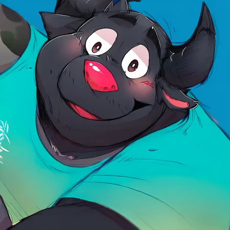 score_9, score_8_up, score_8, furry, Tyler, bull, horns, black fur, red nose, cartoon style, 2d, overweight male, chubby, fat, upper body focus, solo, face close up, looking at viewer, teal shirt, blush, nervous smile, blue background