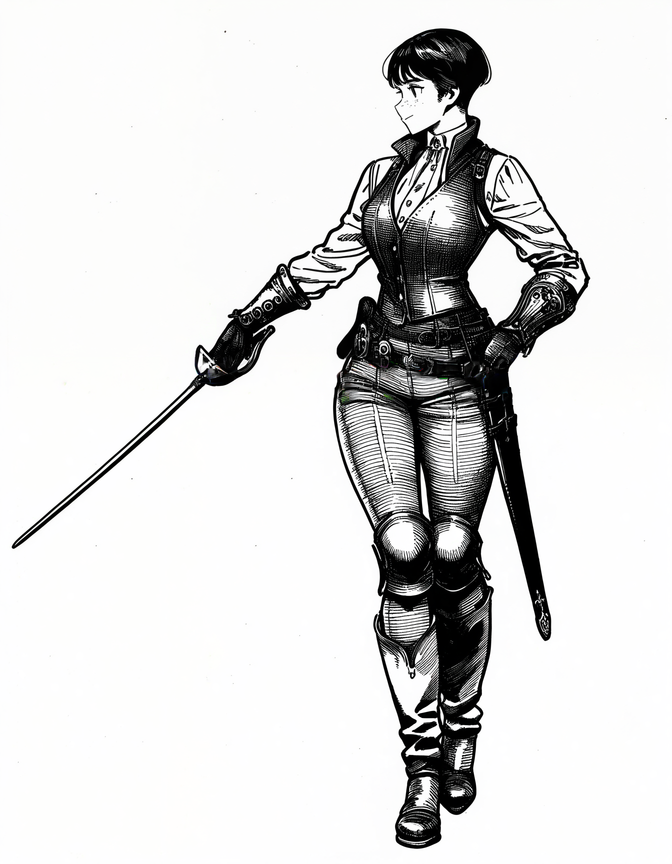 1girl, short-hair, belt, bracers, vest, sheath, sheathed rapier, scabbard, steampunk, very awa, masterpiece, best quality, newest, absurdres, highres