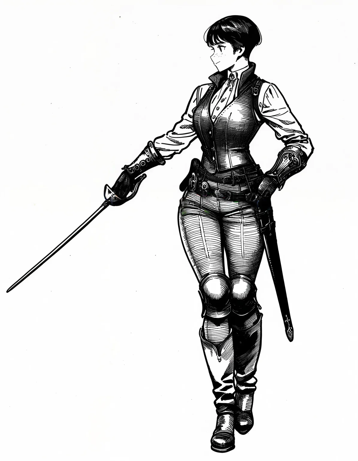 1girl, short-hair, belt, bracers, vest, sheath, sheathed rapier, scabbard, steampunk, very awa, masterpiece, best quality, newest, absurdres, highres