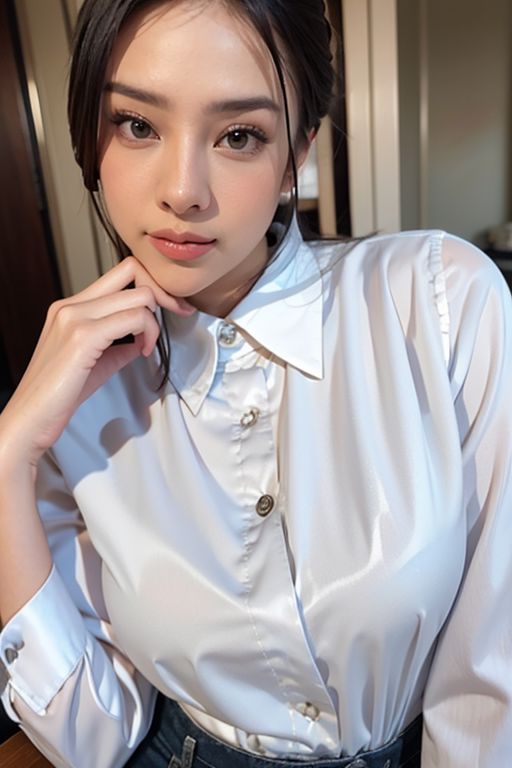 masterpiece, best quality,   RAW photo, (photorealistic:1.37, realistic), highly detailed CG unified 8K wallpapers, 8k uhd, dslr, soft lighting, high quality, film grain, Fujifilm XT3, a Indonesian beautiful girl 25 year old, has medium breasts, a big waist, big thighs, wide hips, look at viewer, realistisc skin texture, detailed face, close up, Anya, collared shirt, wet collared shirt, silk collared shirt