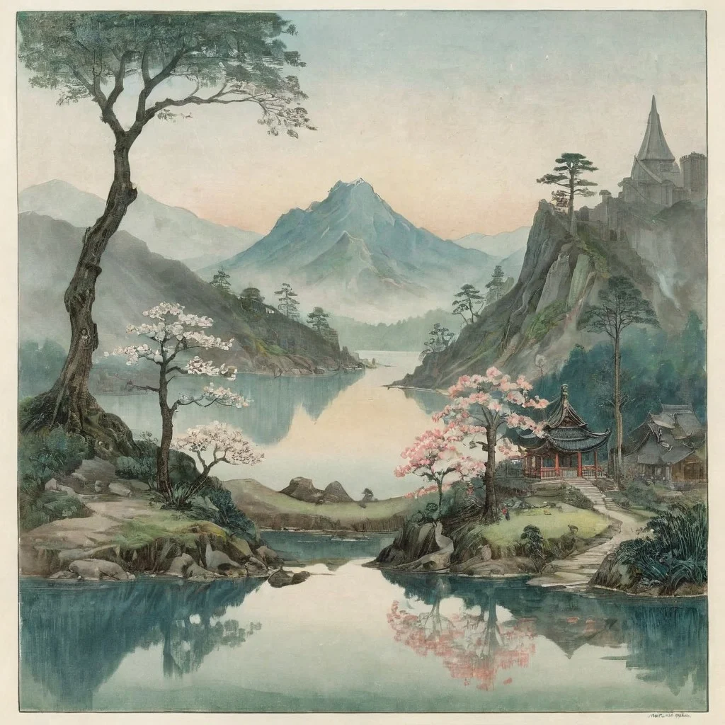 Victorian watercolor painting, Imagine a mesmerizing landscape at dawn in Japan, with tiered, mist-covered mountain ranges stretching into the distance, each layer appearing more ethereal and bluish in hue. The sky is softly transitioning from deep purples to muted blues and greys as the sun begins to rise. A serene lake lies at the base of the mountains, reflecting the misty peaks and the surrounding muted, green forest. Delicate cherry blossom trees are faintly visible, their pale petals blending into the misty backdrop. Ancient Japanese temples or shrines are subtly integrated into the landscape, shrouded by the mist. The entire scene exudes a tranquil, almost otherworldly beauty, dominated by shades of blue and grey, evoking a strong sense of peace and connection with nature, sharp, very detailed: 1.5 eroticism. rough sketch, sideview, 2d, moody, gloomy, dark picture, high contrast, stylized.