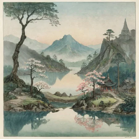 Victorian watercolor painting, Imagine a mesmerizing landscape at dawn in Japan, with tiered, mist-covered mountain ranges stretching into the distance, each layer appearing more ethereal and bluish in hue. The sky is softly transitioning from deep purples to muted blues and greys as the sun begins to rise. A serene lake lies at the base of the mountains, reflecting the misty peaks and the surrounding muted, green forest. Delicate cherry blossom trees are faintly visible, their pale petals blending into the misty backdrop. Ancient Japanese temples or shrines are subtly integrated into the landscape, shrouded by the mist. The entire scene exudes a tranquil, almost otherworldly beauty, dominated by shades of blue and grey, evoking a strong sense of peace and connection with nature, sharp, very detailed: 1.5 eroticism. rough sketch, sideview, 2d, moody, gloomy, dark picture, high contrast, stylized.