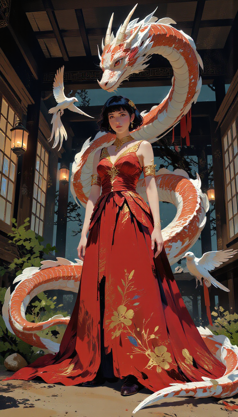pscho_4rt,mythp0rt,very wide angle, put subject further away, small subject, A digital illustration shoot from below about a fantasy scene featuring a woman in a red dress with a dragon-like creature in a traditional japanese setting. the image also shows two birds, one with white feathers and the other with blue feathers, flying around the scene. on the middle of the image, a young woman, who appears to be in her early twenties, with short black hair and a serious expression, is standing with her full body facing the viewer. she is wearing a red, sleeveless dress that flows down her back, revealing her bare shoulders and medium breasts. her hair is styled in a short hair style with bangs, and she has a slim body. the woman is positioned in the center of the frame, with the dragon's tail curling around her. the background features a dimly lit interior with wooden beams and lanterns hanging from the ceiling, creating a warm and inviting atmosphere. the lighting is soft and warm, with a focus on the characters and the dragon.  1girl, solo, breasts, looking at viewer, short hair, black hair, dress, closed mouth, cleavage, jewelry, bare shoulders, medium breasts, standing, full body, outdoors, horns, wings, horns on head, red dress, black footwear, tree, lantern, feathered wings, bird, red ribbon, white feathered tail, dragon  camera_angle: from below, art_style: digital illustration, location: indoor, background: a traditional Japanese setting with lanterns and greenery, text: NA, image_composition: middle, clothing: red dress;NA, hair_color: black hair;white feathers, distance_to_camera: full body;full body, action: standing;flowing, accessory: NA;NA feathered wing;white feathered bird, pants: NA