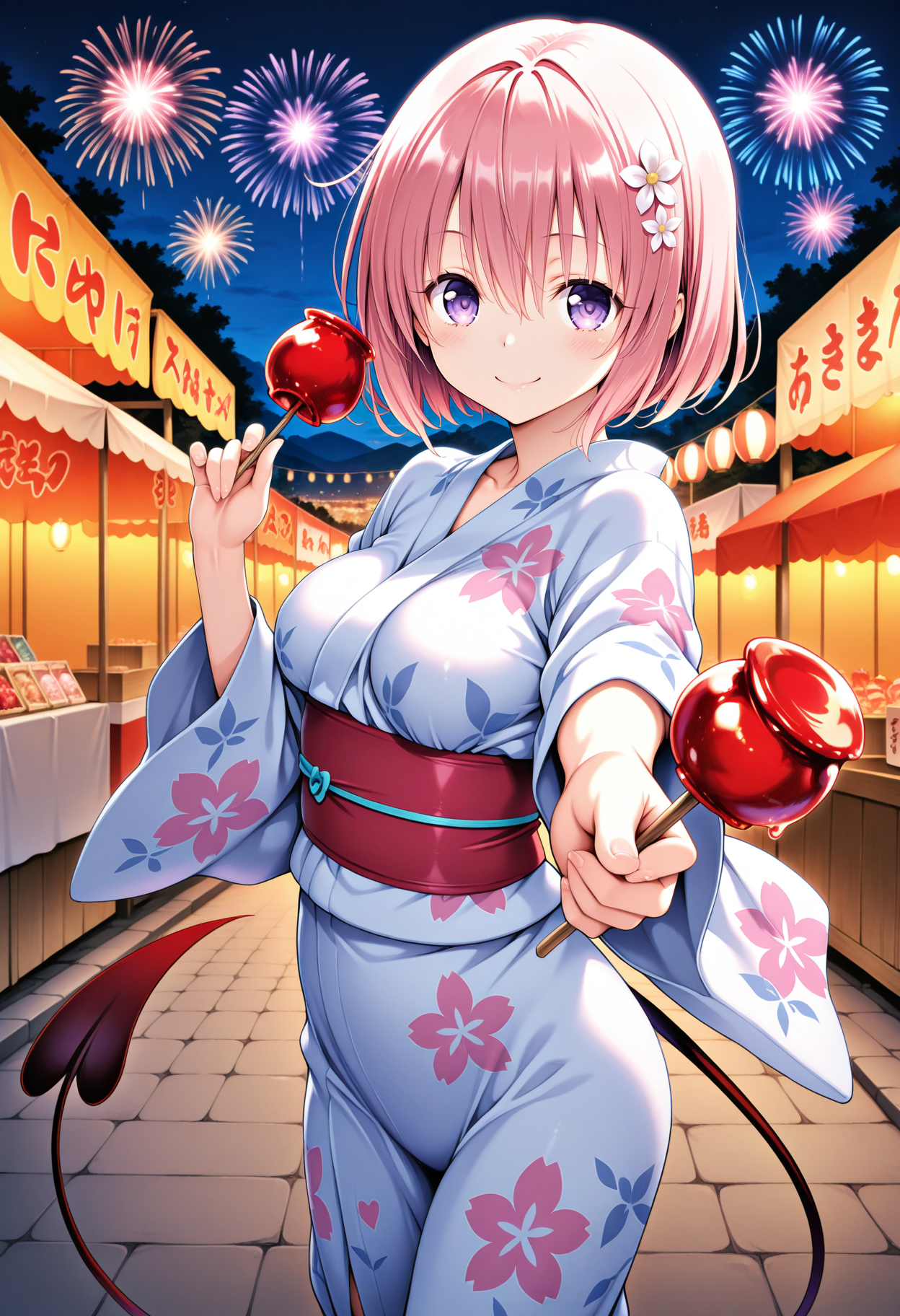 1girl, aamomo, short hair, pink hair, hair flower, purple eyes, medium breasts, demon tail, <lora:momo_velia_deviluke_ilxl_v1:0.9>, night, summer festival, outdoors, yukata, floral print, smile, fireworks, holding candy, candy apple, dual wielding, reaching, solo,
masterpiece, best quality, amazing quality,