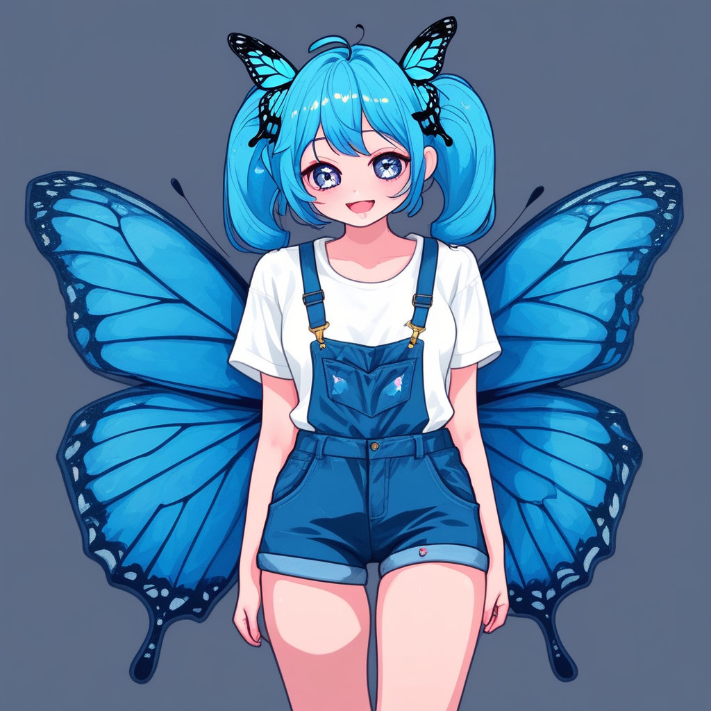 arms behind back, animal ear fluff, blue butterfly, short sleeves, overall shorts, hair bow, overalls, pants, high heels