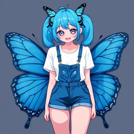 arms behind back, animal ear fluff, blue butterfly, short sleeves, overall shorts, hair bow, overalls, pants, high heels